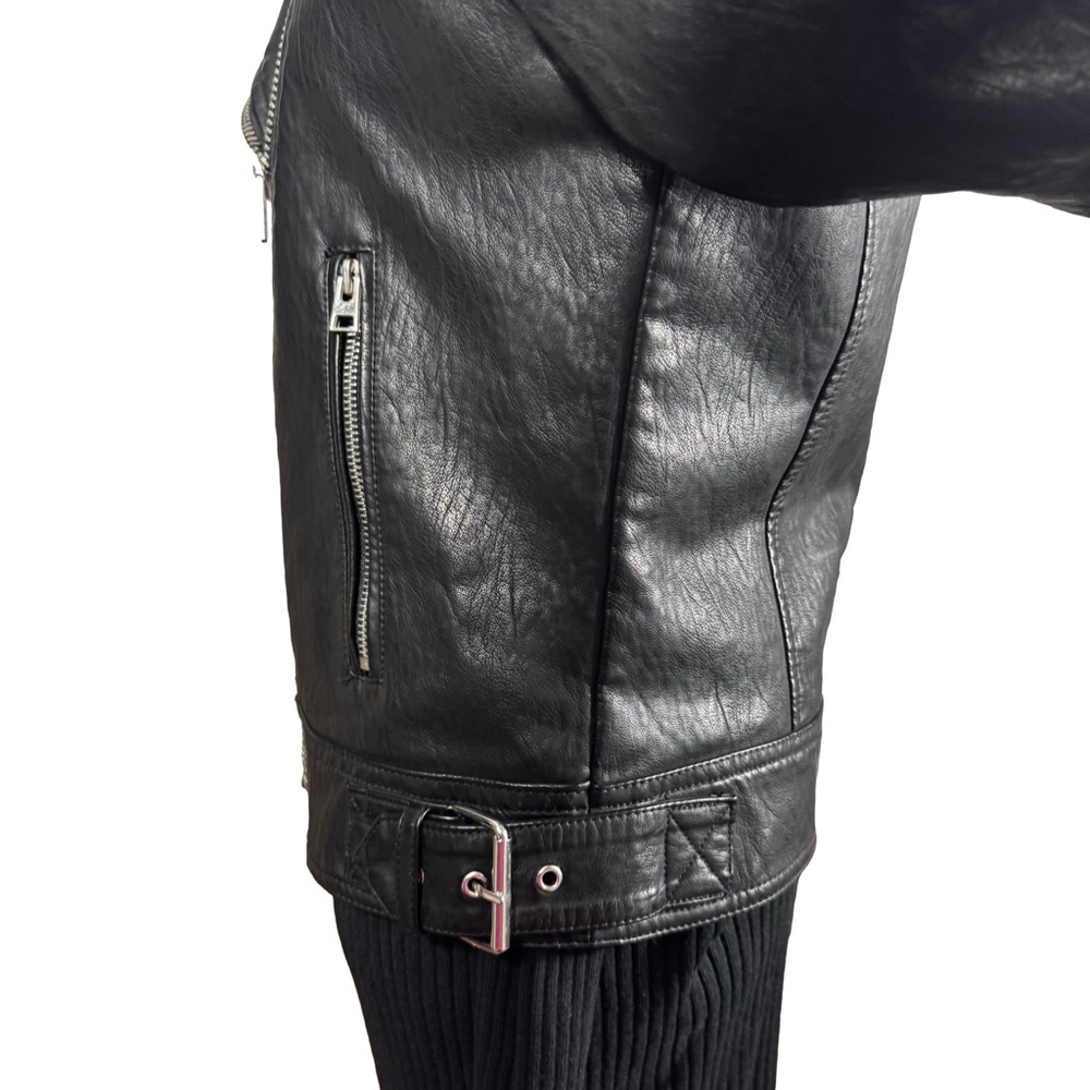Size 6 Topshop Black Faux Leather classic Moto Jacket pockets Zippers Unisex - Picture 5 of 12
